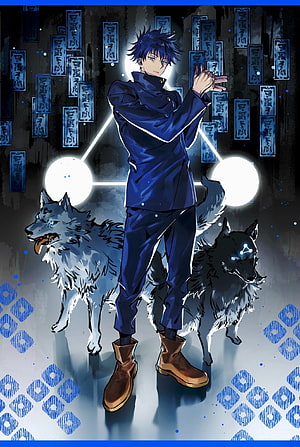 Megumi Fushiguro with Wolves and Spirit Orbs in Dark Blue Uniform HD phone wallpaper