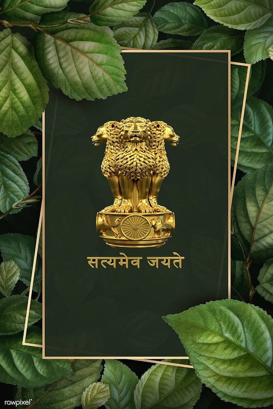 Golden Ashoka Chakra Emblem with National Motto on Dark Green Background HD phone wallpaper