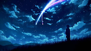 Anime Silhouette Watching a Meteor Shower Under a Starry Night Sky HD wallpaper