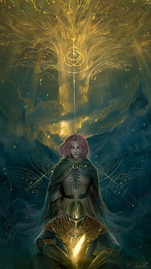 Elden Ring Melina and Knight in Golden Fantasy Landscape HD phone wallpaper