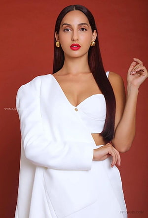 Nora Fatehi in White Asymmetric Blazer and Crop Top with Red Lipstick HD phone wallpaper
