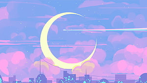 Sailor Moon Crescent Moon Over Pastel City Skyline with Shooting Star and Dreamy Clouds HD wallpaper