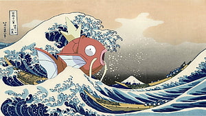 Magikarp Riding The Great Wave Off Kanagawa In Japanese Ukiyo-e Style HD wallpaper