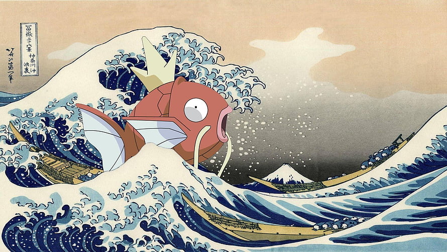 Magikarp Riding The Great Wave Off Kanagawa In Japanese Ukiyo-e Style HD wallpaper