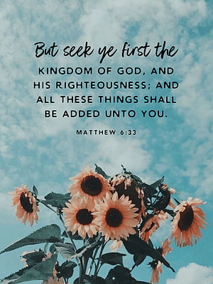 Matthew 6:33 KJV Bible Verse with Sunflowers Against a Blue Cloudy Sky HD phone wallpaper