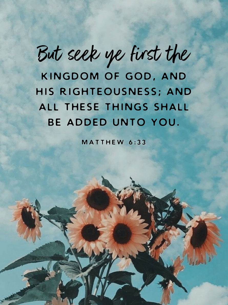 Matthew 6:33 KJV Bible Verse with Sunflowers Against a Blue Cloudy Sky HD phone wallpaper