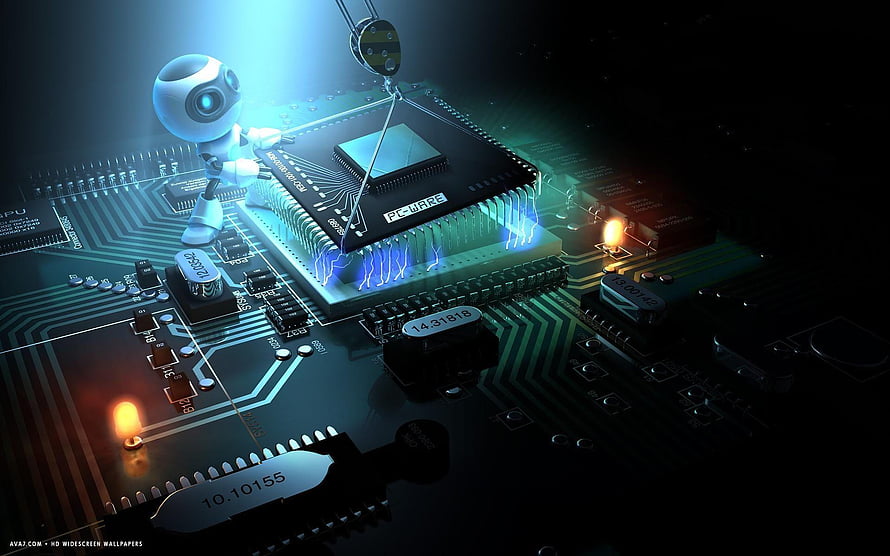 3D Robot Engineer Working on Glowing Microchip and Circuit Board Technology HD wallpaper