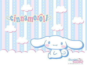 Cinnamoroll Sanrio Character Sitting on Clouds with Pastel Striped Sky Background HD wallpaper