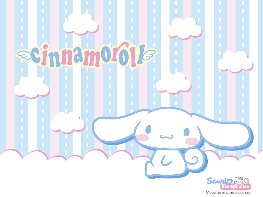 Cinnamoroll Sanrio Character Sitting on Clouds with Pastel Striped Sky Background HD wallpaper