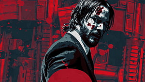 John Wick in a dark suit with blood splatters against a red industrial background HD wallpaper