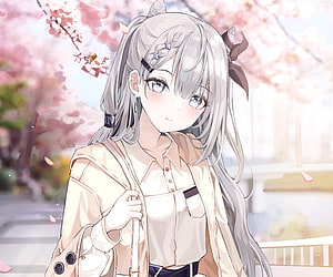 Vestia Zeta Anime Girl with Silver Hair and Horns Under Cherry Blossoms HD wallpaper