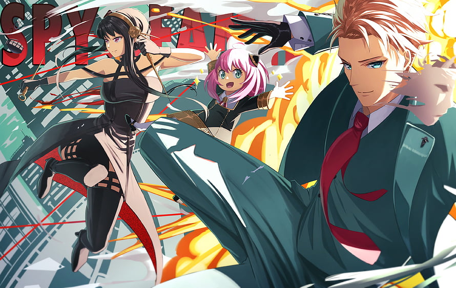 Spy x Family Action Scene Featuring Loid Yor and Anya Forger in Dynamic Anime Illustration HD wallpaper
