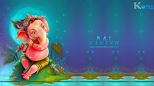Cute Bal Ganesha Playing Flute with Mouse Companion in Vibrant Digital Art HD wallpaper