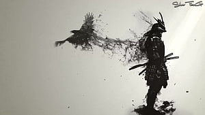 Ink Wash Samurai and Crow Silhouette Artwork HD wallpaper
