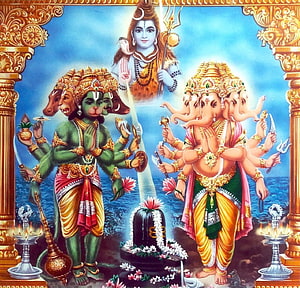 Hanuman Ganesha and Shiva Linga Pooja Indian Mythological Art HD wallpaper