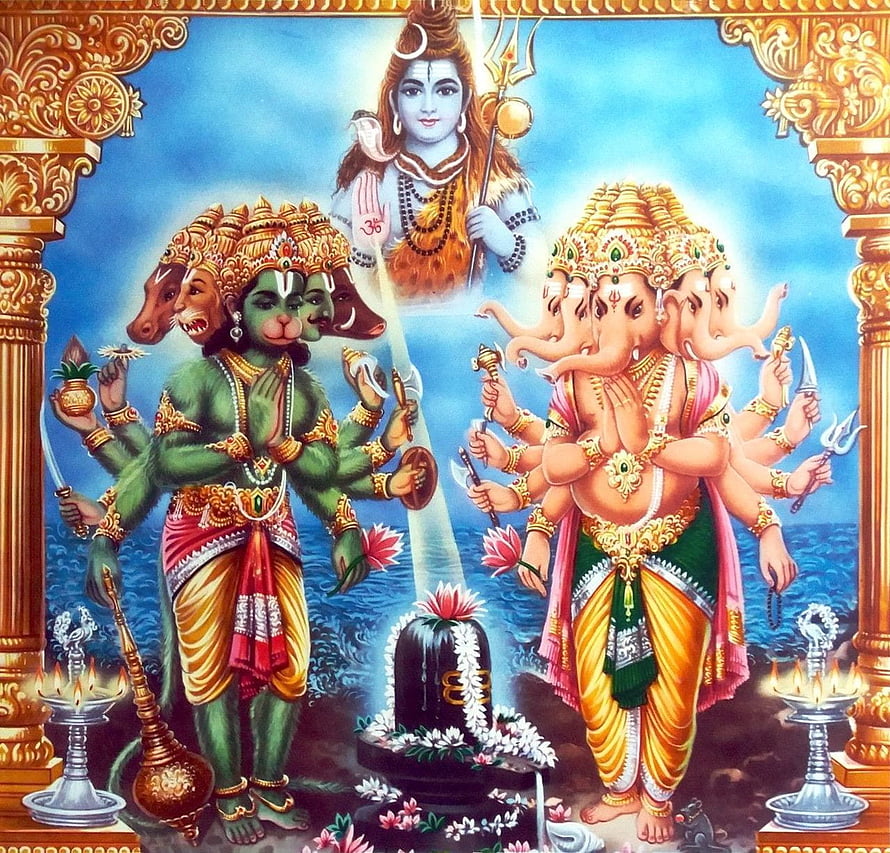 Hanuman Ganesha and Shiva Linga Pooja Indian Mythological Art HD wallpaper