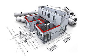 Isometric architectural sketch of a modern two-story house with red accents and rolled blueprints HD wallpaper