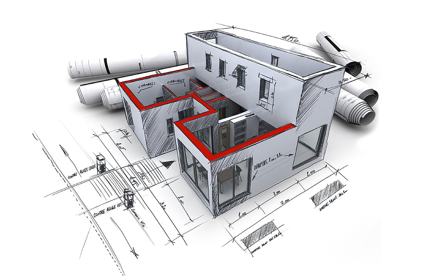 Isometric architectural sketch of a modern two-story house with red accents and rolled blueprints HD wallpaper