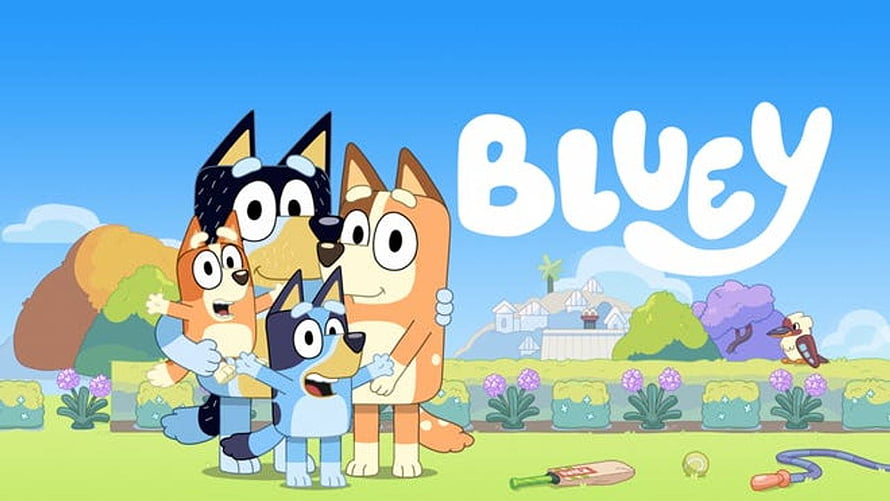 Bluey Family Group Hug in Backyard with Garden and Suburbs HD wallpaper