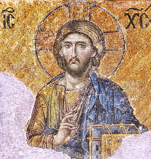 Byzantine Mosaic of Christ Pantocrator with Golden Halo and Greek Inscriptions HD phone wallpaper