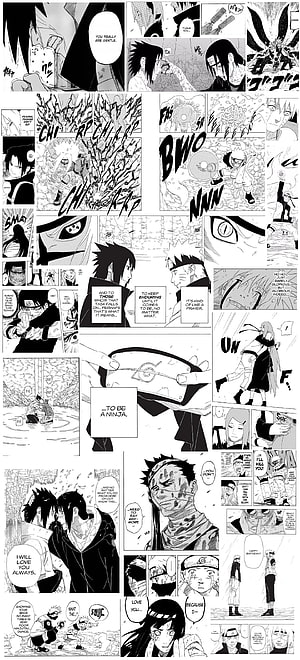 Naruto Manga Panel Collage Featuring Sasuke and Naruto in Black and White HD phone wallpaper