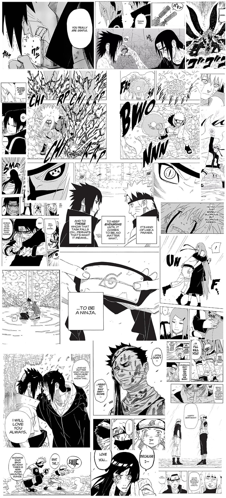 Naruto Manga Panel Collage Featuring Sasuke and Naruto in Black and White HD phone wallpaper