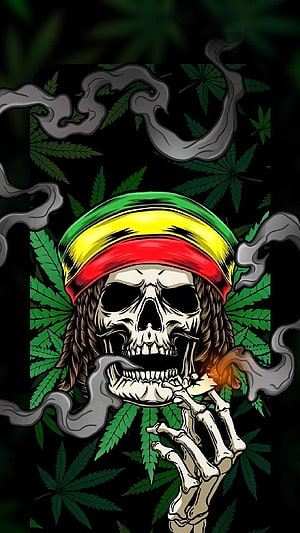 Reggae Skull with Dreadlocks and Cannabis Leaves Digital Art HD phone wallpaper