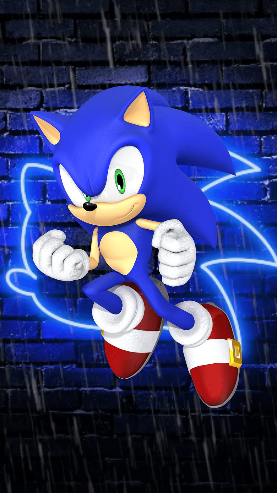 Sonic the Hedgehog Running in the Rain Against a Neon Brick Wall HD phone wallpaper