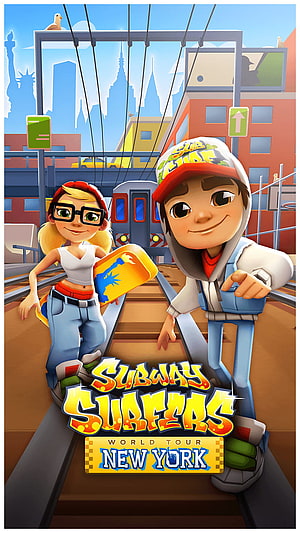 Subway Surfers World Tour New York promotional artwork featuring Jake and Tricky on subway tracks HD phone wallpaper