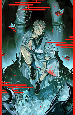 Ryomen Sukuna Anime Character Sitting on Demonic Skulls in Dark Fantasy Setting HD phone wallpaper