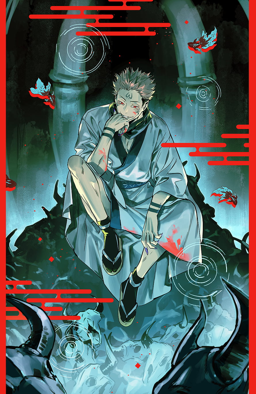 Ryomen Sukuna Anime Character Sitting on Demonic Skulls in Dark Fantasy Setting HD phone wallpaper