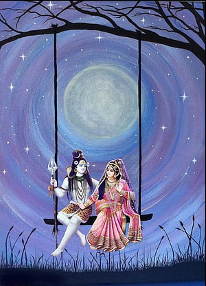 Lord Shiva and Parvati on a Swing Under a Full Moon in Traditional Indian Art HD phone wallpaper