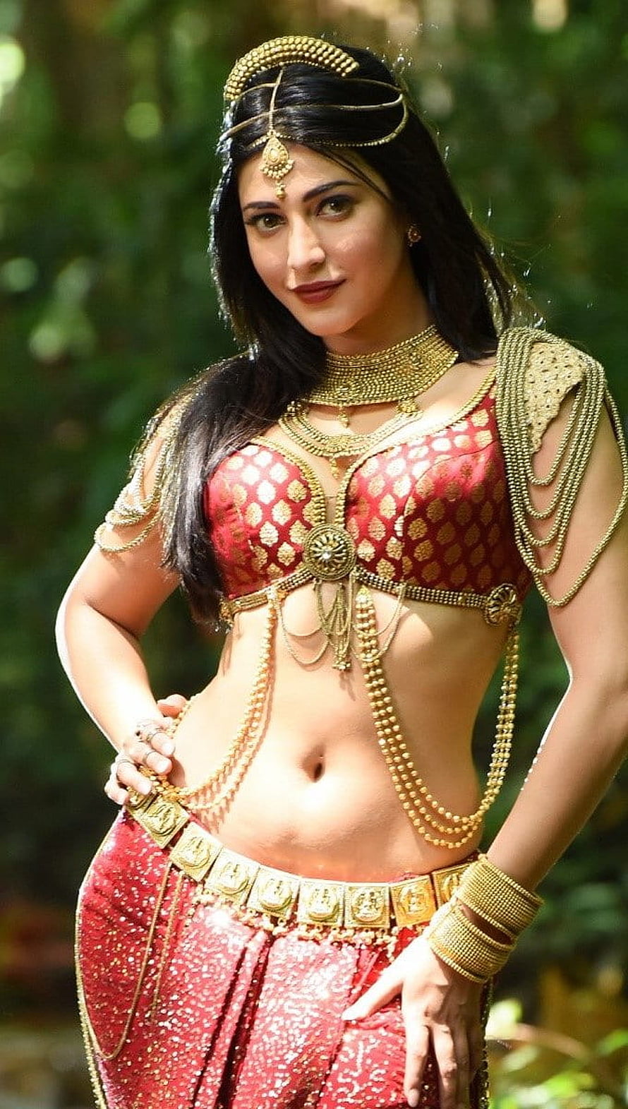 Shruti Haasan in Traditional Red and Gold Ethnic Costume with Ornate Jewelry HD phone wallpaper