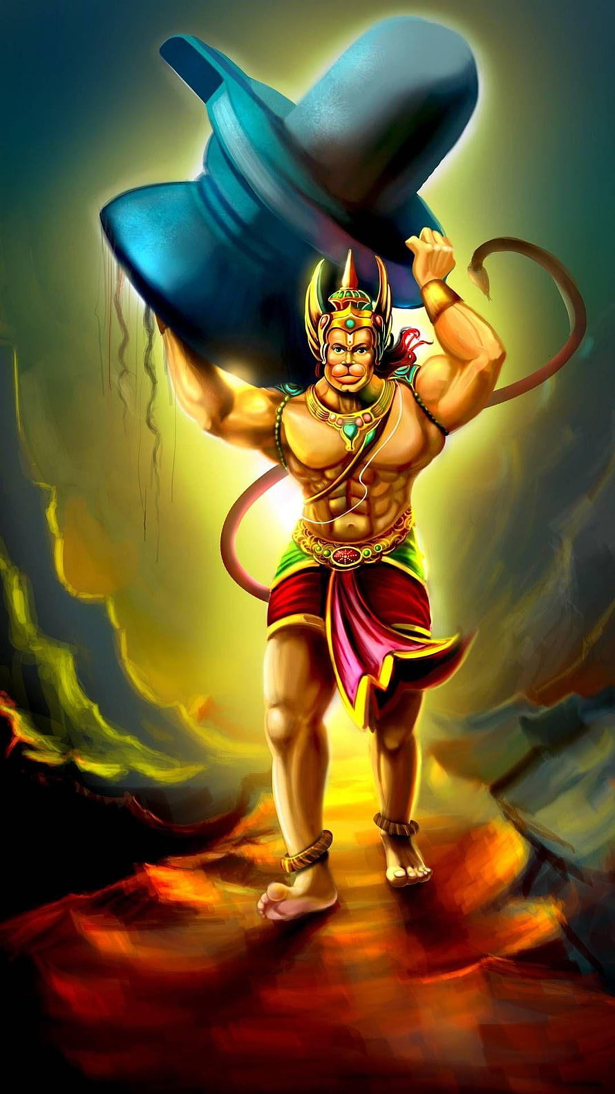 Lord Hanuman Digital Art Illustration Lifting Mount Meru HD phone wallpaper