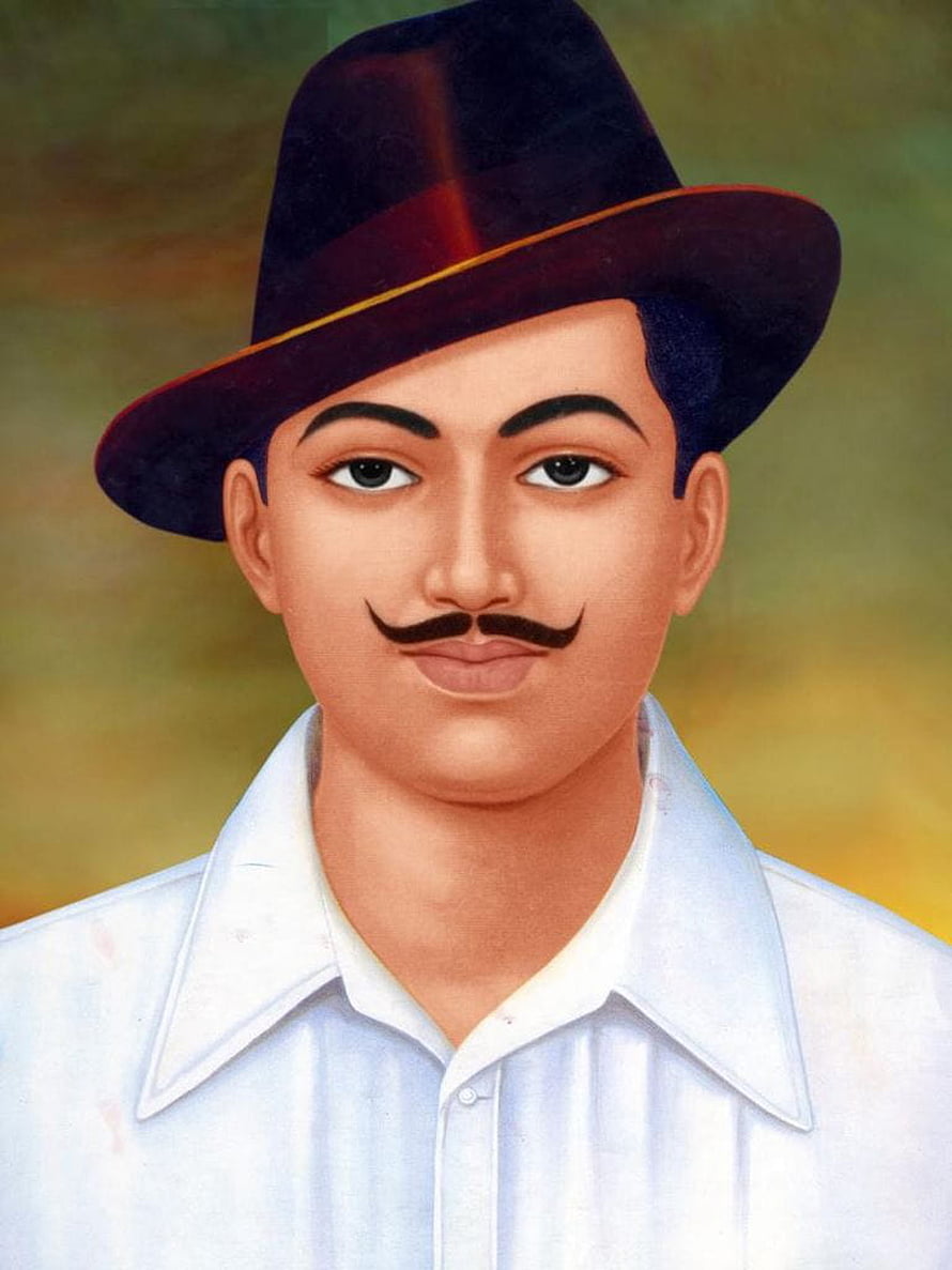 Bhagat Singh Portrait Painting in Fedora Hat and White Shirt HD phone wallpaper