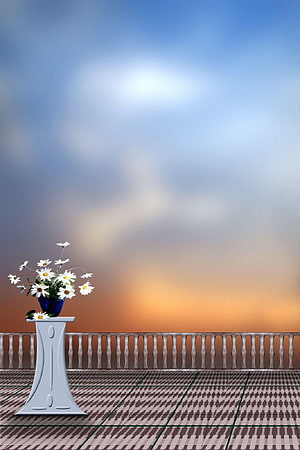 White daisies in a blue vase on a pedestal against a soft sunset sky on a tiled balcony HD phone wallpaper