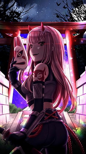 Zero Two Anbu Variant Holding Fox Mask at Torii Gate HD phone wallpaper