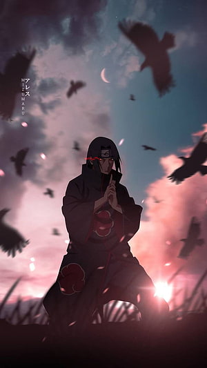Uchiha Itachi in Akatsuki Robe with Crows and Crescent Moon at Dusk HD phone wallpaper