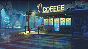 Neon-lit coffee shop on a rainy night with glowing street signs and wet pavement reflections HD wallpaper