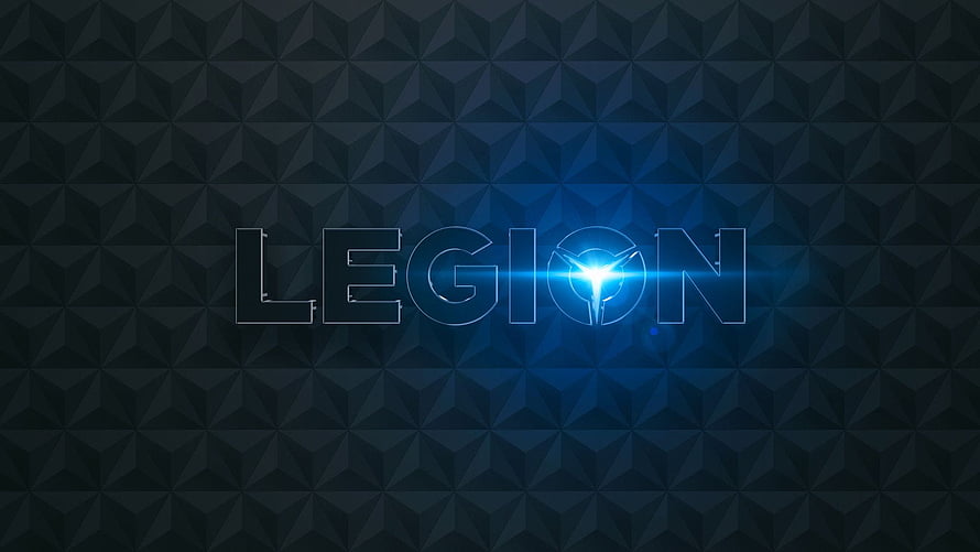 Lenovo Legion Gaming Logo with Glowing Blue Emblem on Dark Geometric Background HD wallpaper