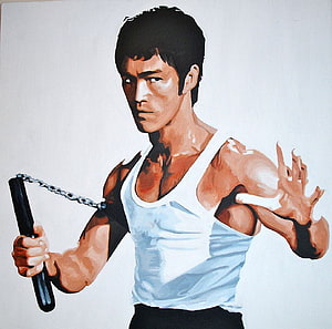 Bruce Lee Portrait Painting with Nunchaku in White Tank Top HD wallpaper