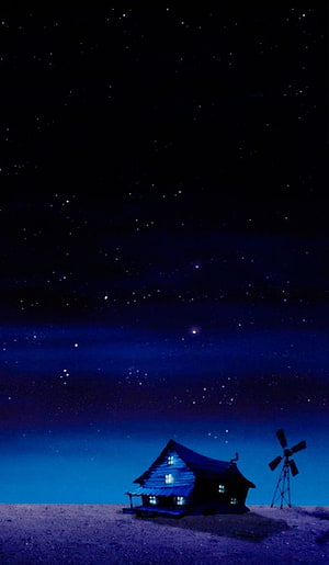 Courage the Cowardly Dog Nighttime Farmhouse with Windmill Under Starry Sky HD phone wallpaper