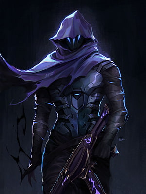 Omen Valorant Digital Artwork: Hooded Agent in Dark Armor with Glowing Purple Accents HD phone wallpaper