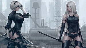 2B and A2 in Black Combat Suits with Swords in a Rainy Industrial City HD wallpaper