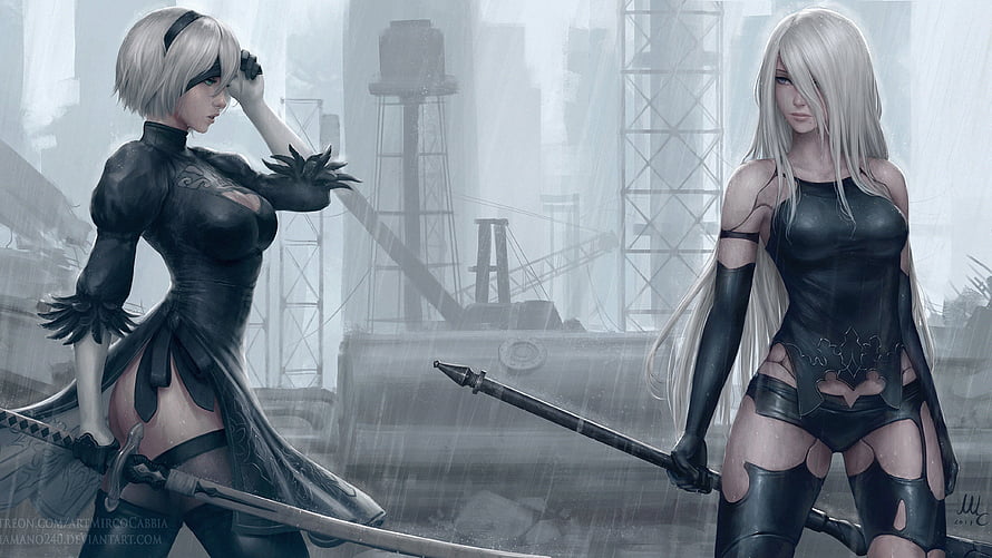 2B and A2 in Black Combat Suits with Swords in a Rainy Industrial City HD wallpaper