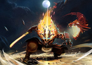 Dota 2 Juggernaut Arcana Concept Art with Fiery Blade and Dragon Shield HD wallpaper