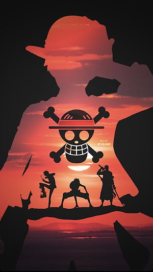 One Piece Straw Hat Pirates Silhouette Artwork Against Dramatic Sunset Sky HD phone wallpaper