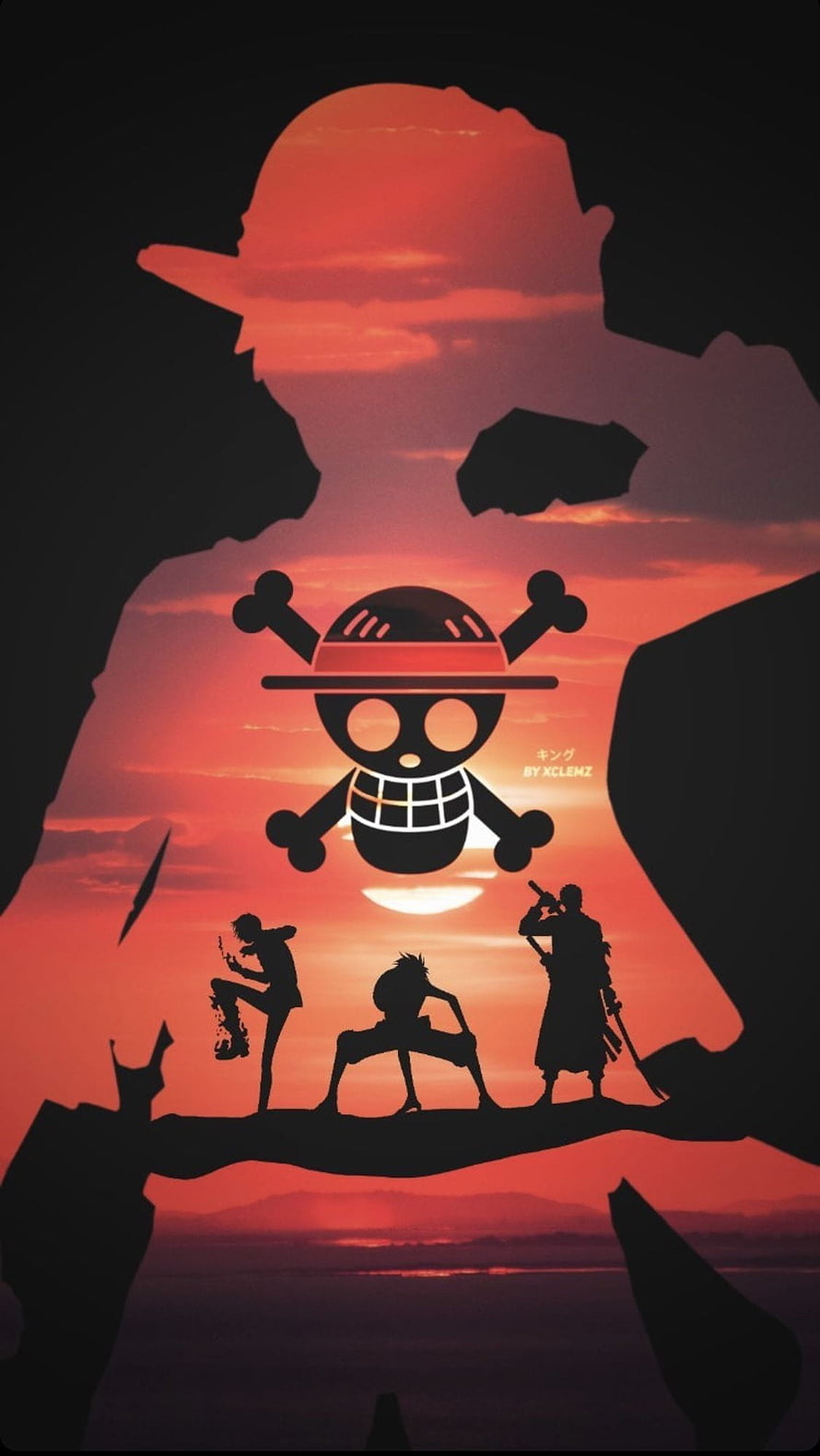 One Piece Straw Hat Pirates Silhouette Artwork Against Dramatic Sunset Sky HD phone wallpaper