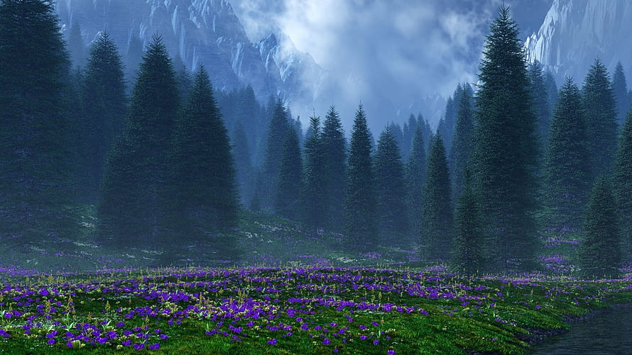 Misty Twilight Forest with Purple Wildflowers and Snow-Capped Mountains HD wallpaper
