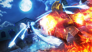 Blox Fruits Anime Style Battle Scene with Fire and Ice Powers Under a Full Moon HD wallpaper